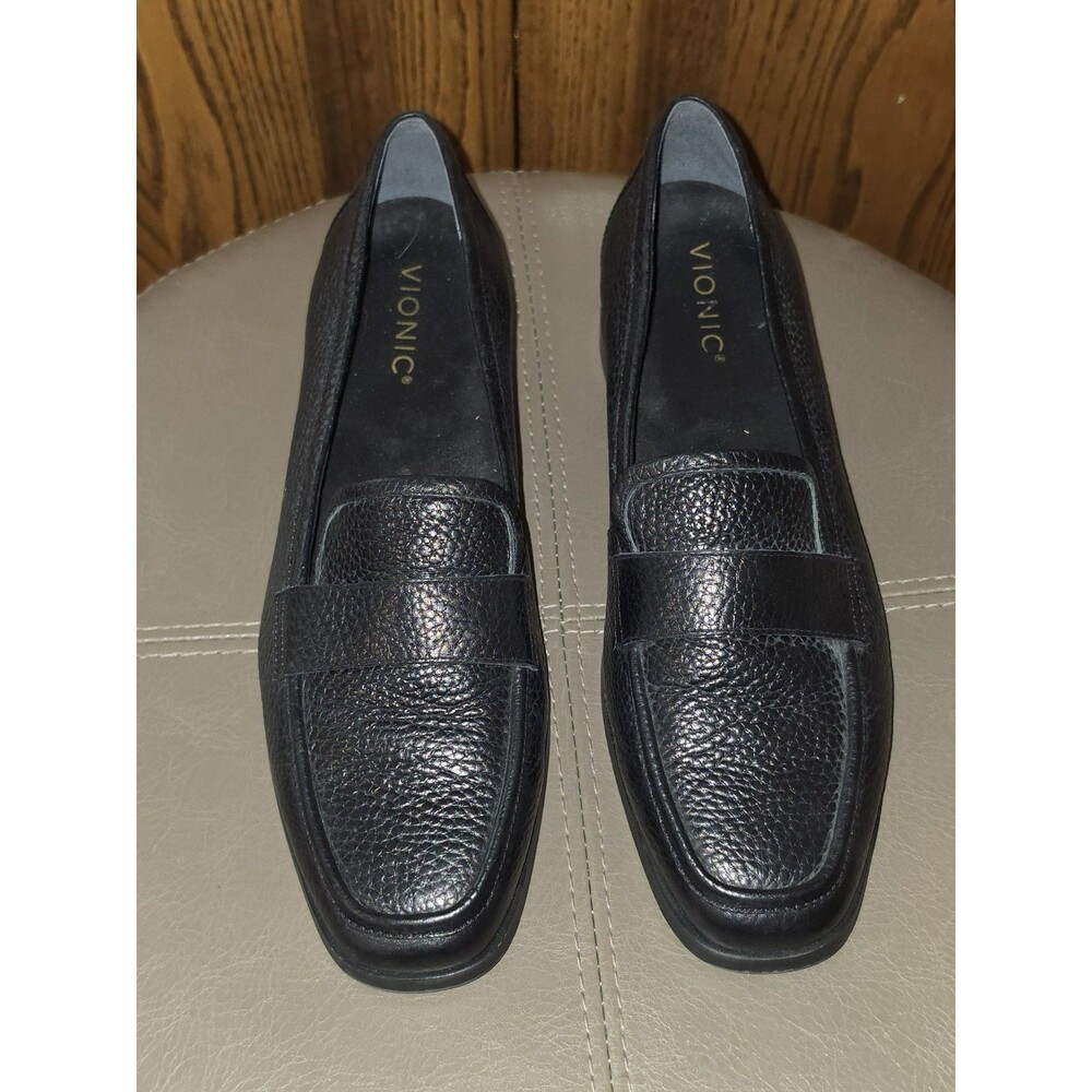 Vionic Womens Sellah Leather Slip On Loafers Black Size 9.5 Square Toe